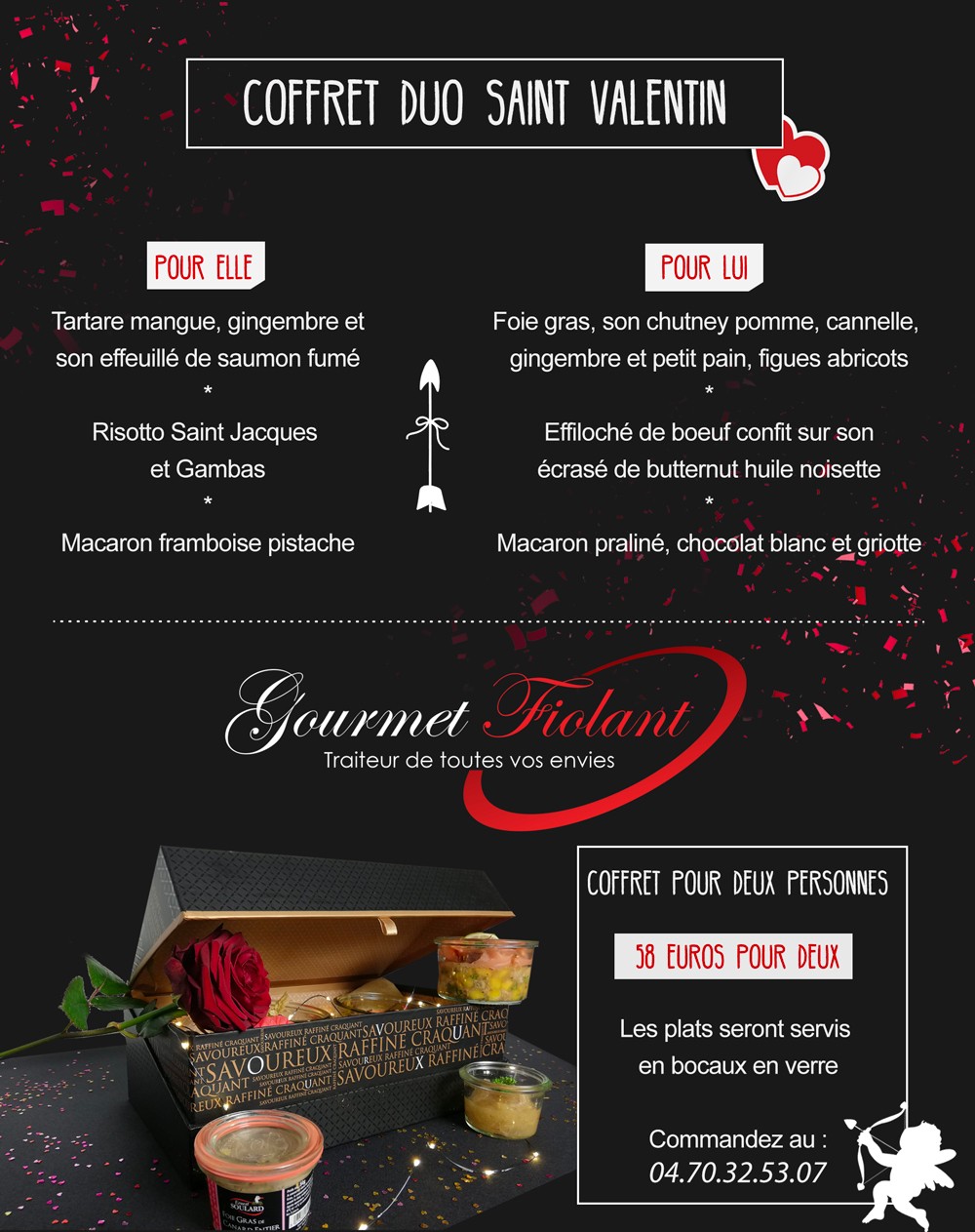 Valentine's Day menu flyer for a Vichy communications agency Valentine's Day menu poster with gourmet gift box and red rose