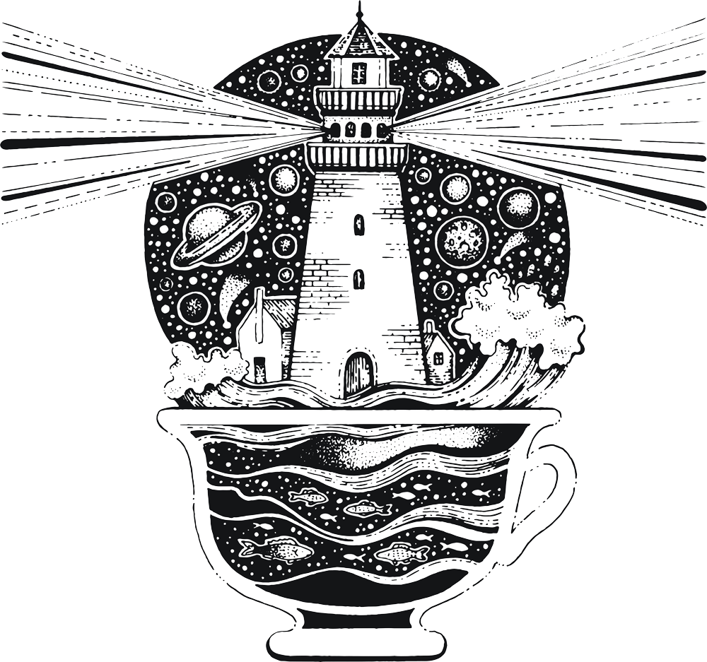 Lighthouse illustration for a communications agency in Vichy Black and white illustration of a lighthouse in a cup